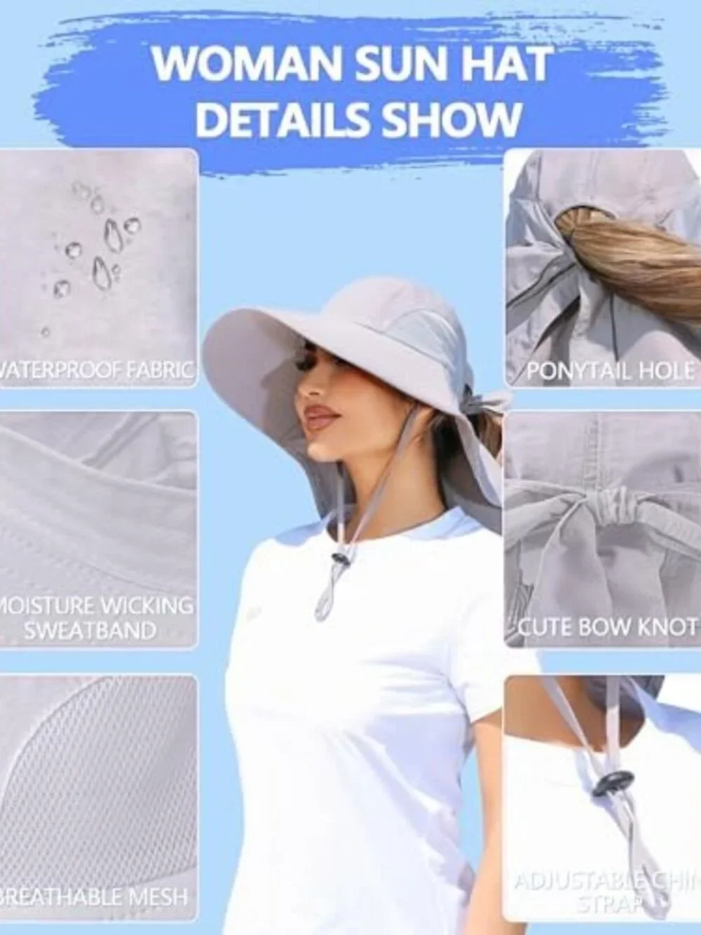 Wide Brim UV Protection Sun Hat for Women - Ponytail Hole & Neck Flap for Beach